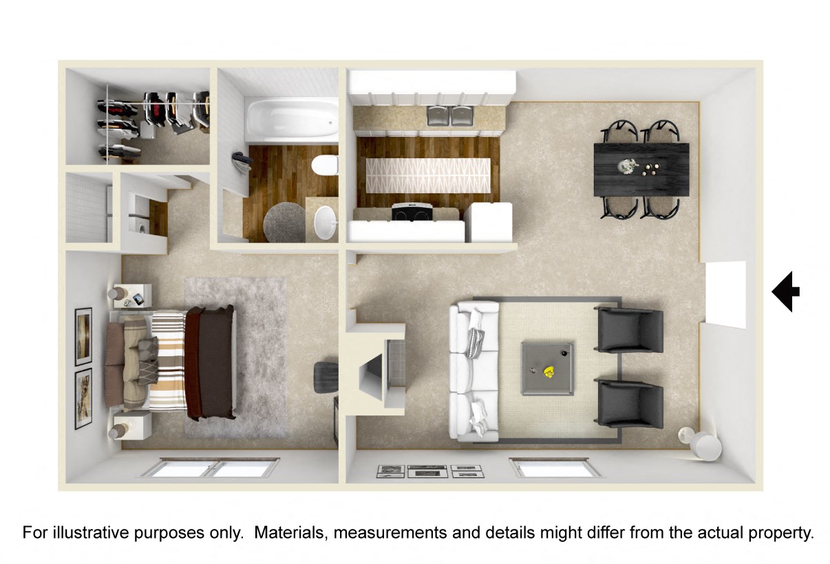 Floor plan for 1 bed, 1 bath, 651 sqft